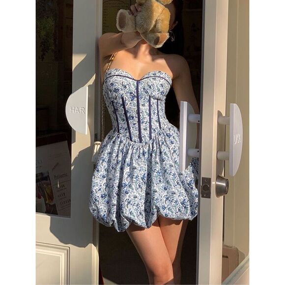 Unbranded Women Floral Print Bustier Bubble Mini Dress Blue & White Size Small - Picture 1 of 9
